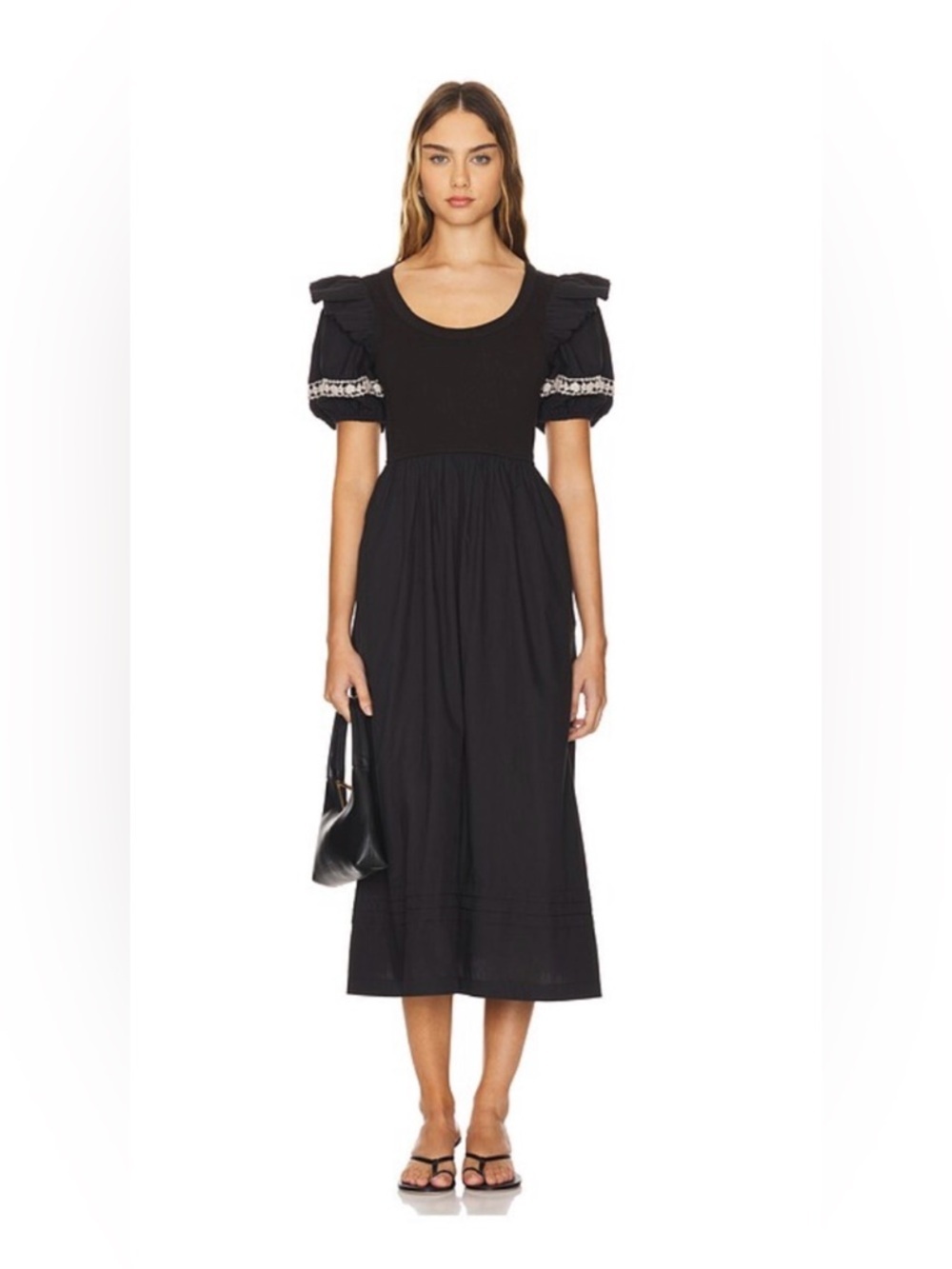 REVOLVE Cleobella Selma Midi Dress M Black Ivory Lace Trim Puff Sleeve Boho NWT